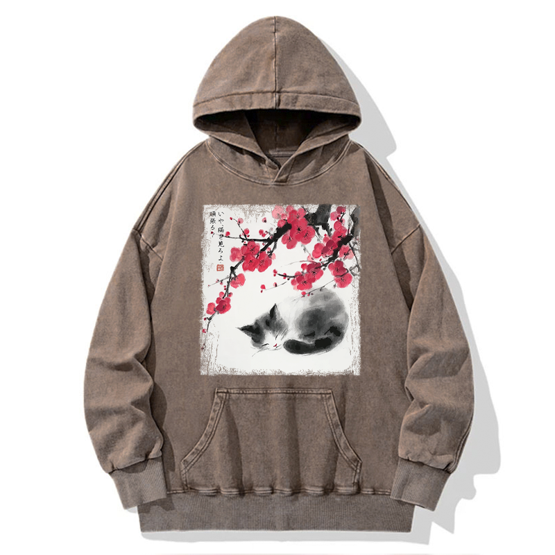 Tokyo-Tiger Ink Wash Painting: A Cat Lying Flat Under The Tree Washed Hoodie