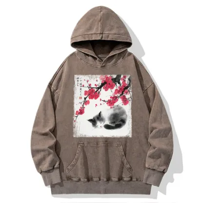 Tokyo-Tiger Ink Wash Painting: A Cat Lying Flat Under The Tree Washed Hoodie