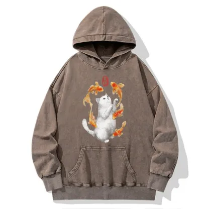 Tokyo-Tiger Zen Cat And The Dancing Fish Washed Hoodie