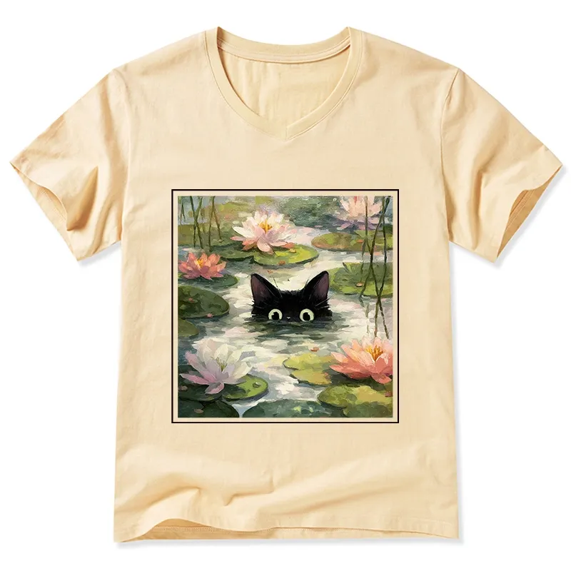 Tokyo-Tiger Black Cat and Lotus Flower V-Neck Classic T-Shirt