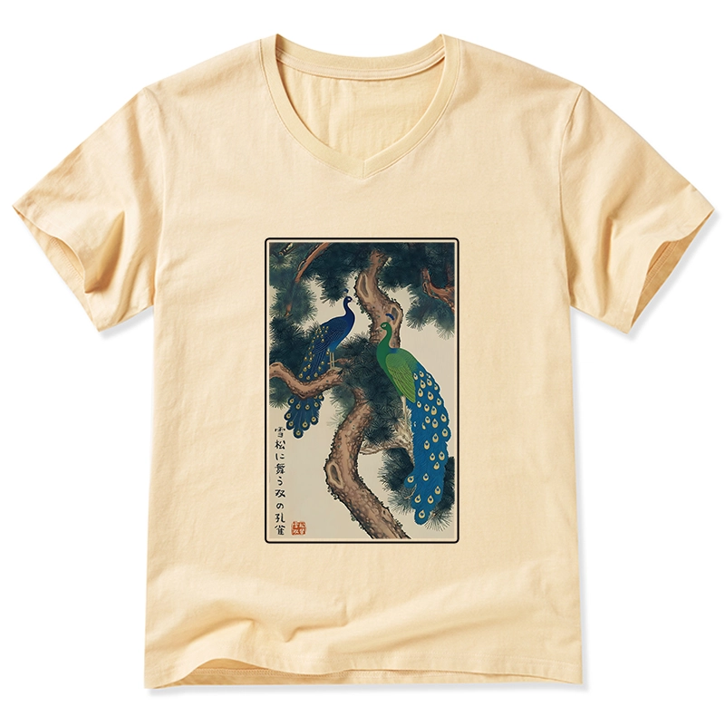 Tokyo-Tiger Peacocks in Snowy Pines V-Neck Classic T-Shirt