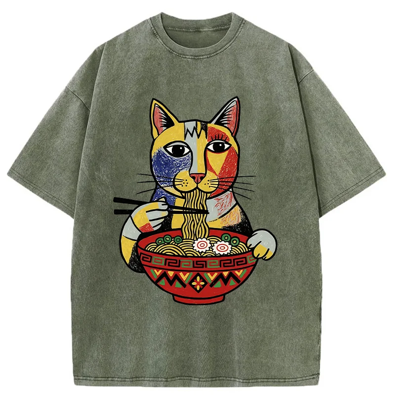 Tokyo-Tiger Abstract Cat Eating Ramen Washed T-Shirt