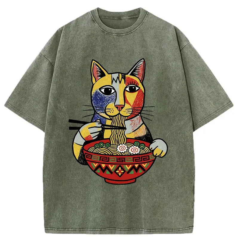 Tokyo-Tiger Abstract Cat Eating Ramen Washed T-Shirt
