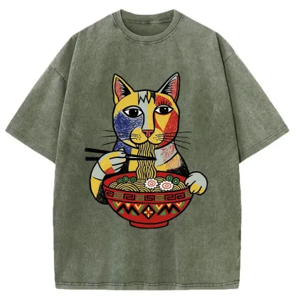 Tokyo-Tiger Abstract Cat Eating Ramen Washed T-Shirt