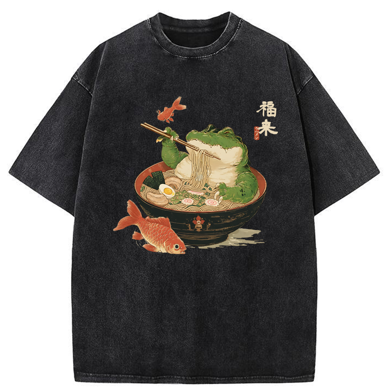 Tokyo-Tiger Fat Crocodile Eating Ramen Washed T-Shirt