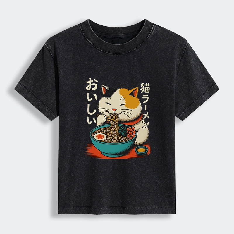 Tokyo-Tiger Cute Eat Eating Japanese Ramen Women's Washed T-shirt