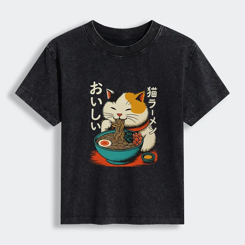 Tokyo-Tiger Cute Eat Eating Japanese Ramen Women's Washed T-shirt
