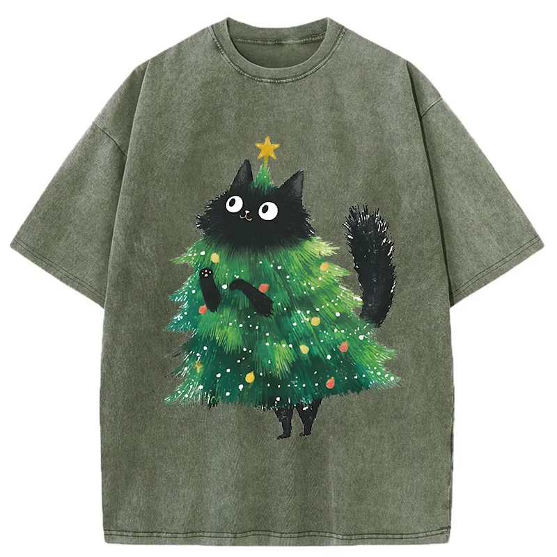 Tokyo-Tiger Christmas Tree Cat Washed T-Shirt