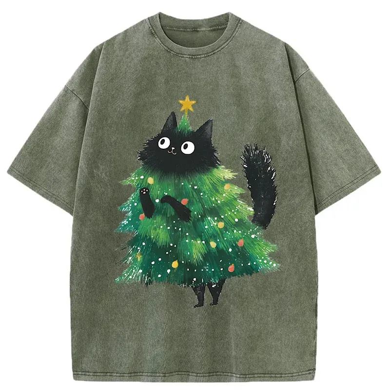 Tokyo-Tiger Christmas Tree Cat Washed T-Shirt