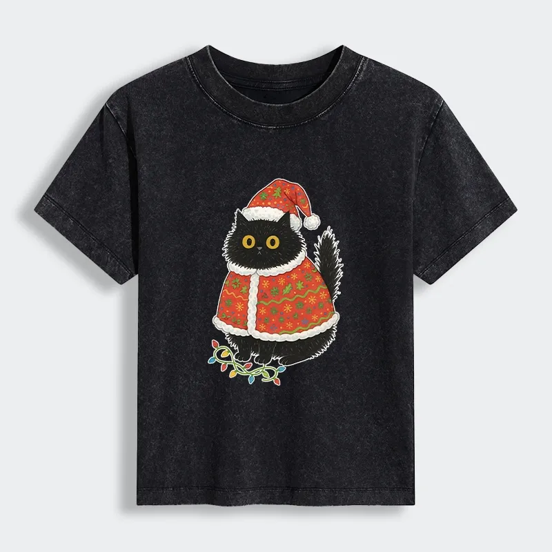 Tokyo-Tiger Cat Wearing Santa Hat Women's Washed T-shirt