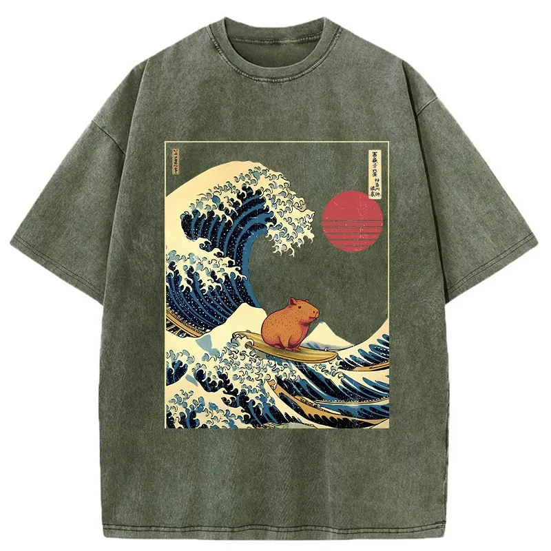 Tokyo-Tiger Capybara Surfing Washed T-Shirt