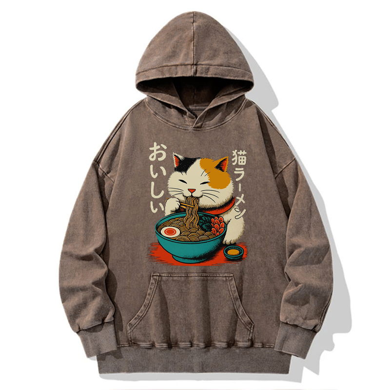 Tokyo-Tiger Cute Eat Eating Japanese Ramen Washed Hoodie
