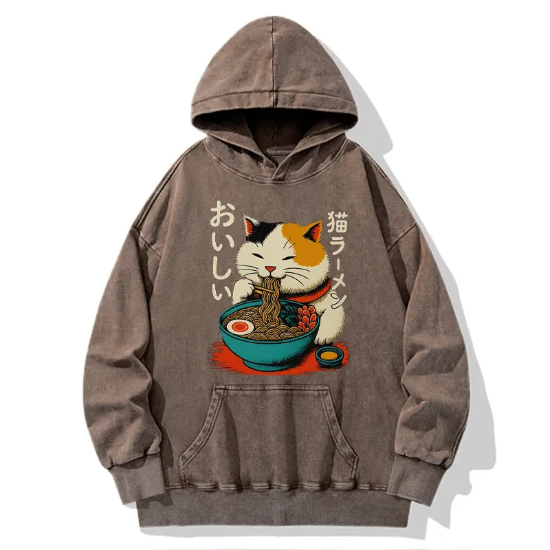 Tokyo-Tiger Cute Eat Eating Japanese Ramen Washed Hoodie
