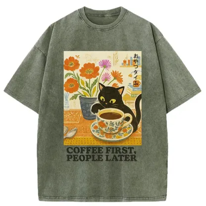 Tokyo-Tiger Kitten Drinks Coffee First Washed T-Shirt