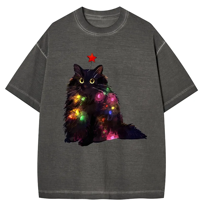 Tokyo-Tiger Christmas Lights Cat Gradient Washed T-Shirt
