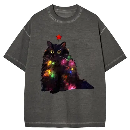 Tokyo-Tiger Christmas Lights Cat Gradient Washed T-Shirt