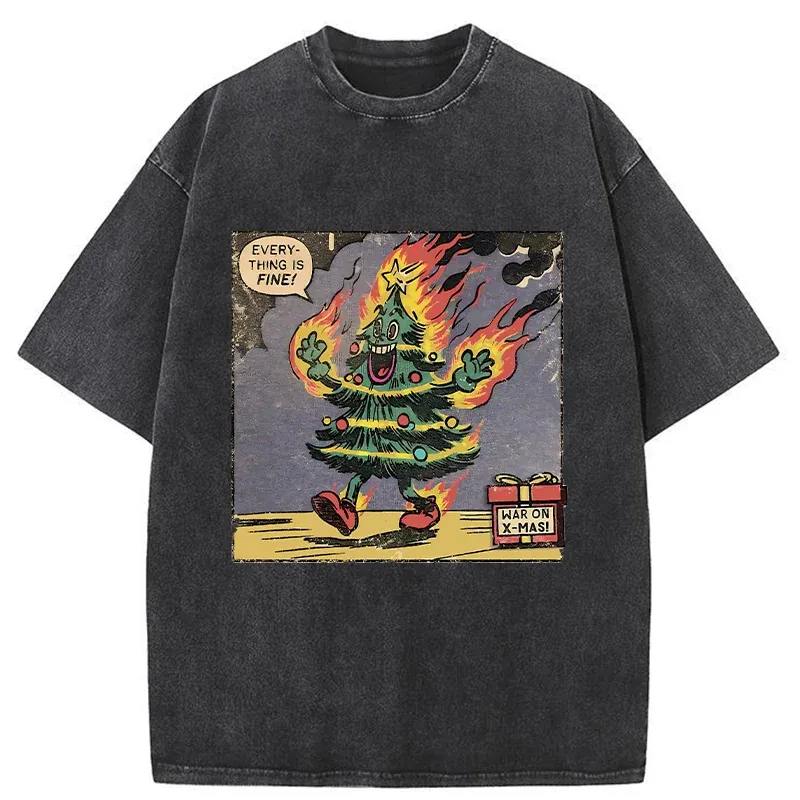 Tokyo-Tiger Christmas Tree On Fire Washed T-Shirt