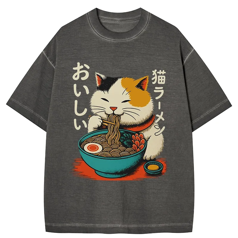 Tokyo-Tiger Cute Eat Eating Japanese Ramen Gradient Washed T-Shirt
