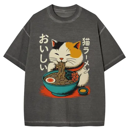 Tokyo-Tiger Cute Eat Eating Japanese Ramen Gradient Washed T-Shirt