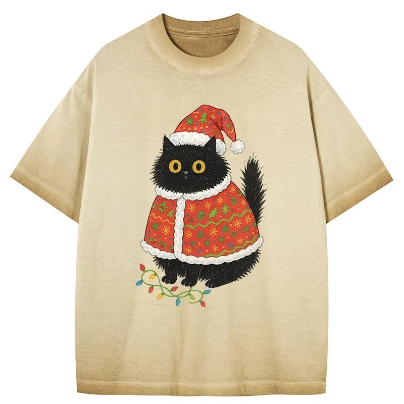 Tokyo-Tiger Cat Wearing Santa Hat Gradient Washed T-Shirt