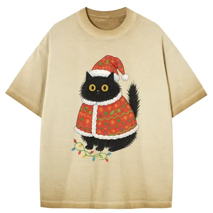 Tokyo-Tiger Cat Wearing Santa Hat Gradient Washed T-Shirt