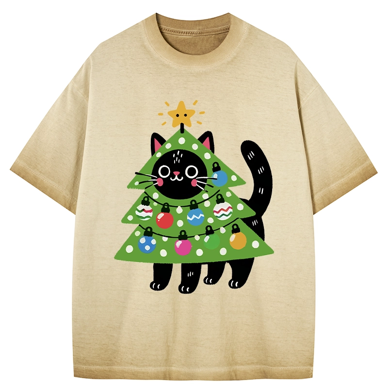 Tokyo-Tiger Christmas Tree Cat Gradient Washed T-Shirt