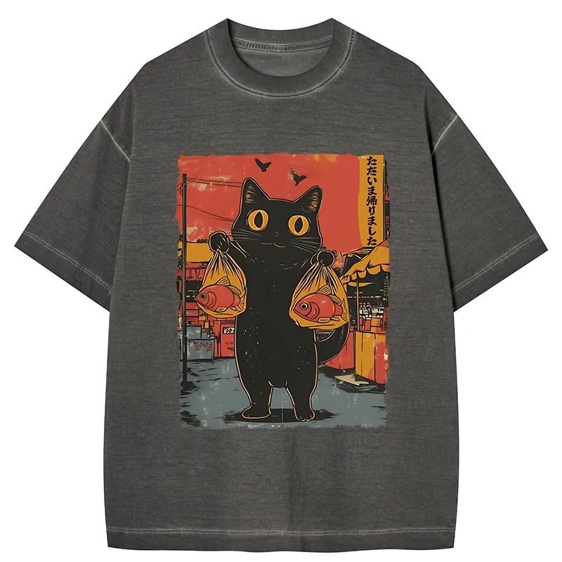 Tokyo-Tiger Cat Fishing Japanese Gradient Washed T-Shirt