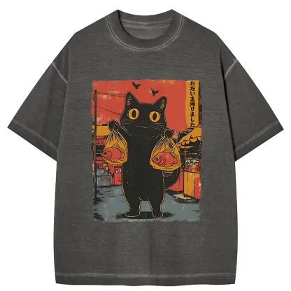 Tokyo-Tiger Cat Fishing Japanese Gradient Washed T-Shirt