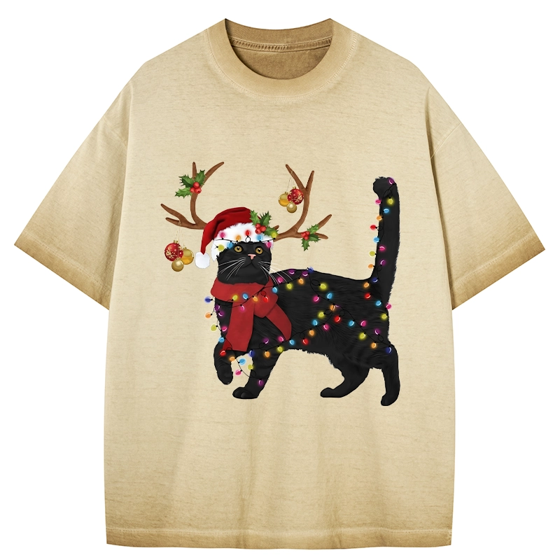 Tokyo-Tiger Christmas Black Cat Gradient Washed T-Shirt