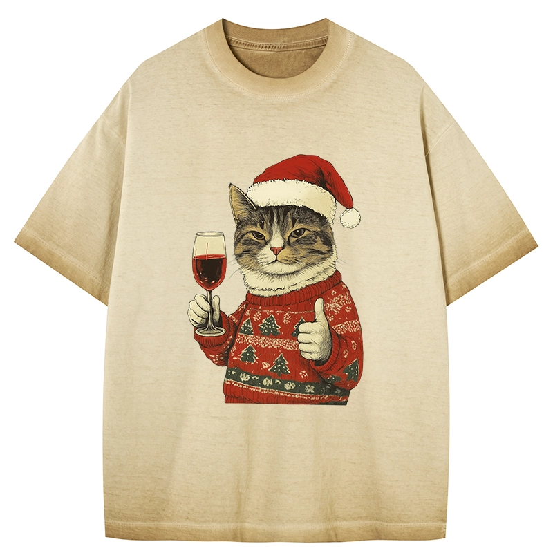 Tokyo-Tiger Christmas Cat Likes Gradient Washed T-Shirt