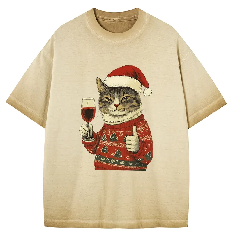 Tokyo-Tiger Christmas Cat Likes Gradient Washed T-Shirt