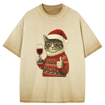 Tokyo-Tiger Christmas Cat Likes Gradient Washed T-Shirt