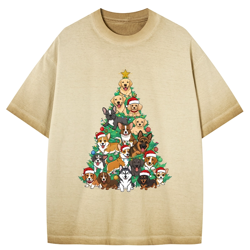 Tokyo-Tiger Christmas Tree Dog Funny Gradient Washed T-Shirt