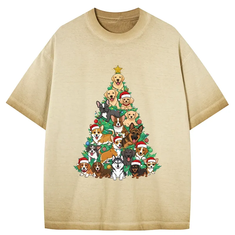 Tokyo-Tiger Christmas Tree Dog Funny Gradient Washed T-Shirt