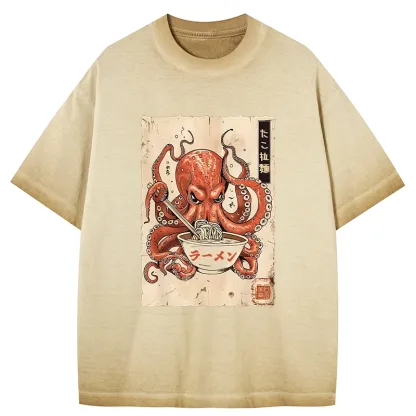 Tokyo-Tiger Retro Octopus Eating Ramen Gradient Washed T-Shirt