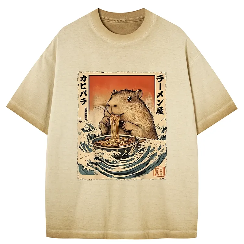 Tokyo-Tiger Hamster Eating Ramen Gradient Washed T-Shirt