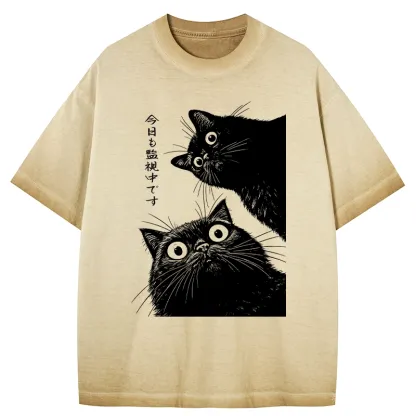 Tokyo-Tiger The Cat Is Watching Today Gradient Washed T-Shirt