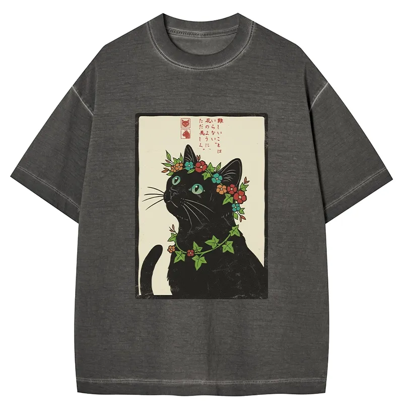 Tokyo-Tiger The Flower-Crowned Cat Gradient Washed T-Shirt