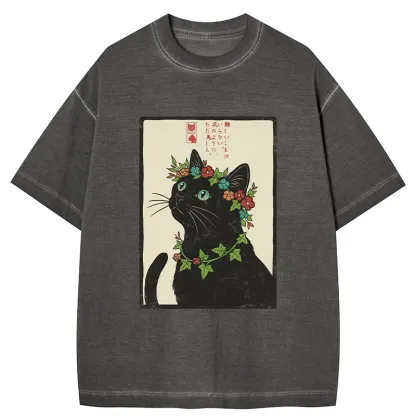 Tokyo-Tiger The Flower-Crowned Cat Gradient Washed T-Shirt