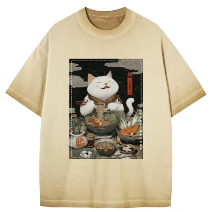 Tokyo-Tiger The Ramen-Loving Cat Gradient Washed T-Shirt