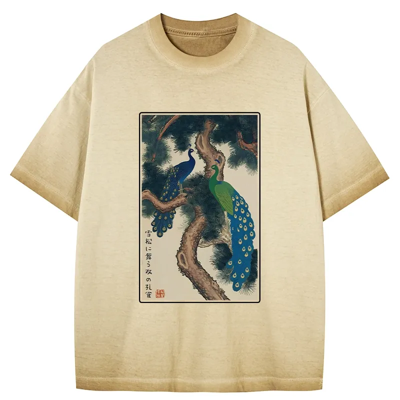 Tokyo-Tiger Peacocks in Snowy Pines Gradient Washed T-Shirt