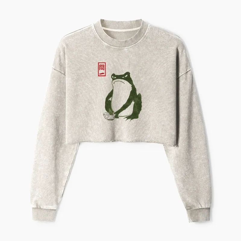 Tokyo-Tiger Woodblock Print Frog Washed Crop Sweatshirt