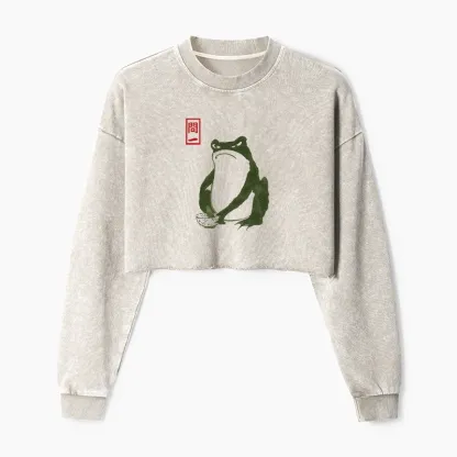 Tokyo-Tiger Woodblock Print Frog Washed Crop Sweatshirt