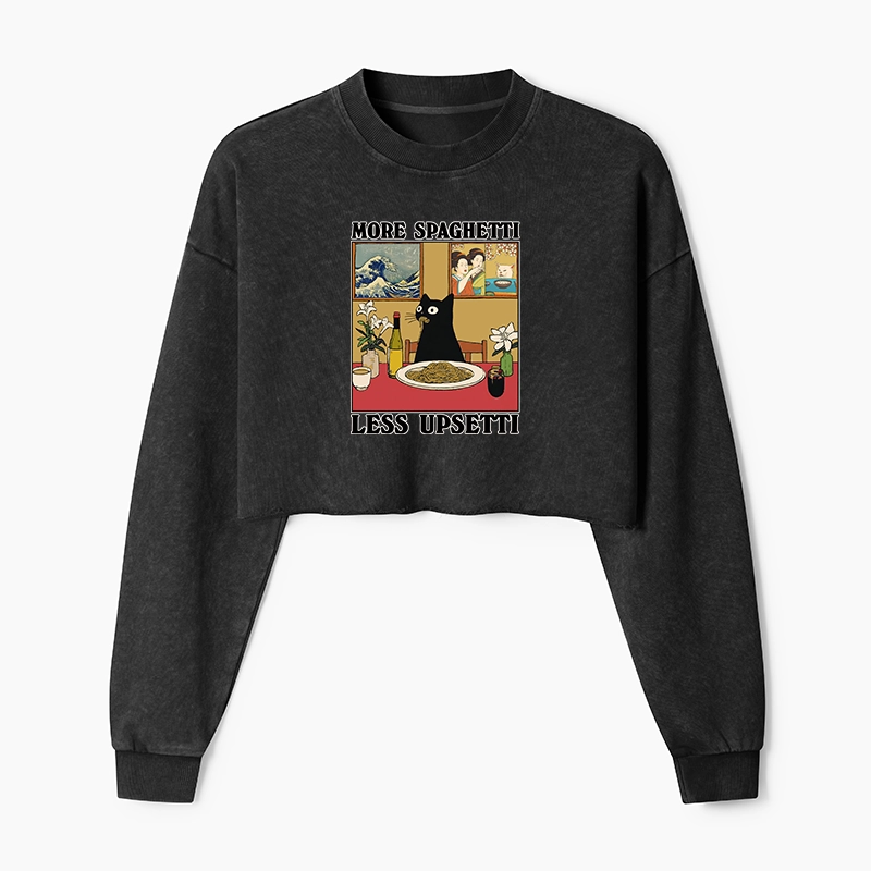 Tokyo-Tiger Cat Eating Pasta Washed Crop Sweatshirt
