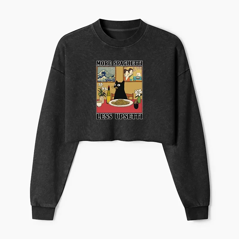 Tokyo-Tiger Cat Eating Pasta Washed Crop Sweatshirt