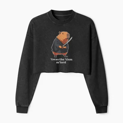 Tokyo-Tiger Focused Samurai Capybara Washed Crop Sweatshirt