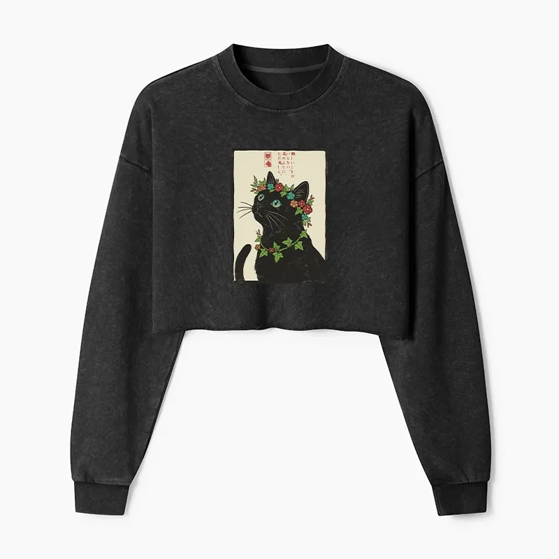 Tokyo-Tiger The Flower-Crowned Cat Washed Crop Sweatshirt
