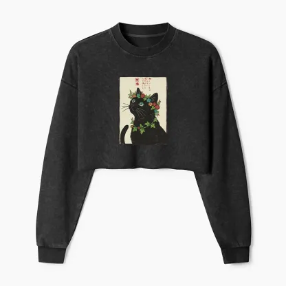 Tokyo-Tiger The Flower-Crowned Cat Washed Crop Sweatshirt