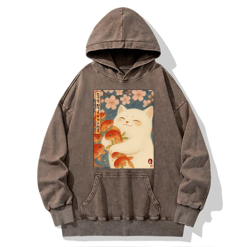 Tokyo-Tiger Funny Ukiyoe Cat and Fish Flower Washed Hoodie