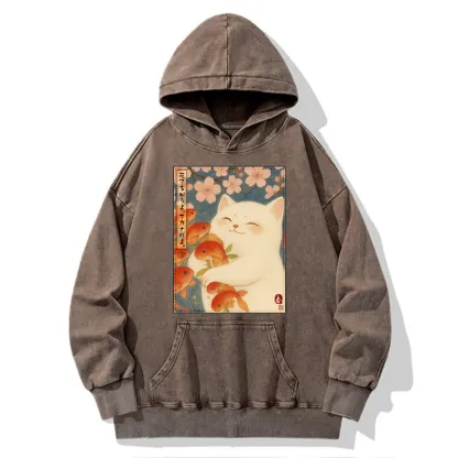 Tokyo-Tiger Funny Ukiyoe Cat and Fish Flower Washed Hoodie